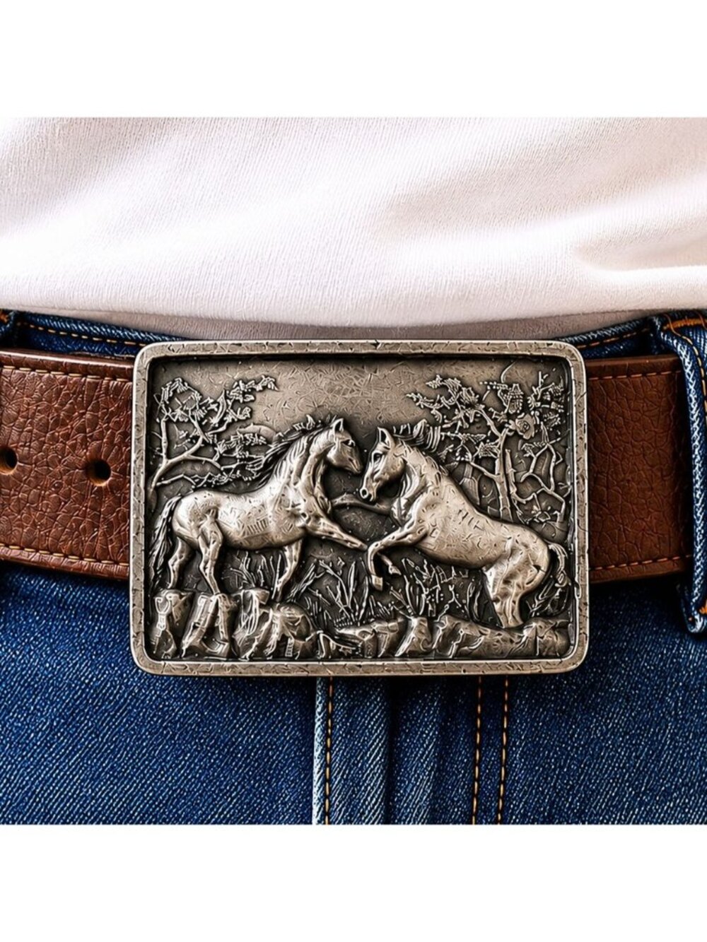 Vintage 1978 Indiana Metal Craft Pewter Belt Buckle With Horses Design